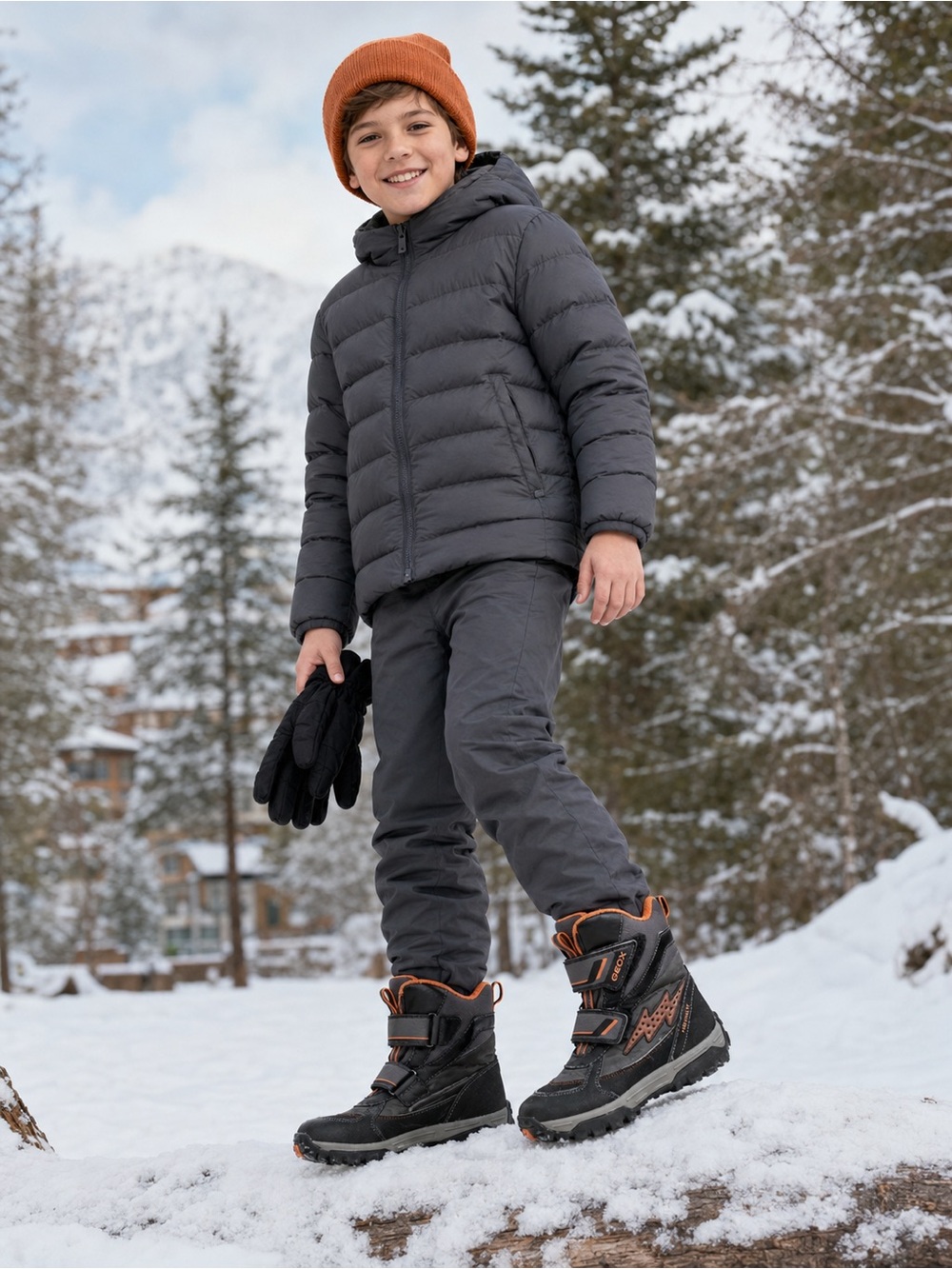Geox Kids Black and Orange Amphibiox Snow Boots